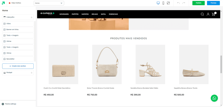 Painel de edição da Ecomece