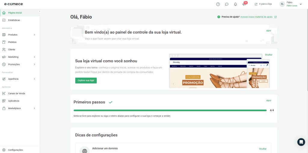 plataforma ecomece para criação de sua loja, na imagem aparece o dashboard da plataforma mostrando os primerios passos