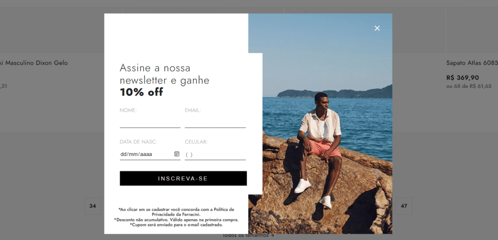 pop up com desconto para cliente que chega no site
